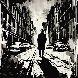 A 1950s noir city scape showing a dark alley with cars on either side of the street. In the middle of the street is a single male person in a trench coat with their face tilted down and hidden by his hat