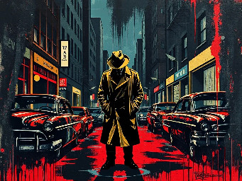 A 1950s noir city scape showing a dark alley with cars on either side of the street. In the middle of the street is a single male person in a trench coat with their face tilted down and hidden by his hat