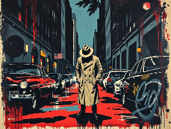 A 1950s noir city scape showing a dark alley with cars on either side of the street. In the middle of the street is a single male person in a trench coat with their face tilted down and hidden by his hat