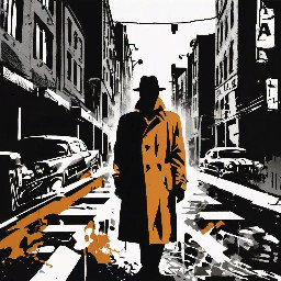 A 1950s noir city scape showing a dark alley with cars on either side of the street. In the middle of the street is a single male person in a trench coat with their face tilted down and hidden by his hat